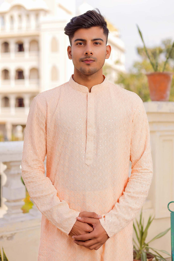 Peach Sequin Embellished Chikankari Kurta Suit.