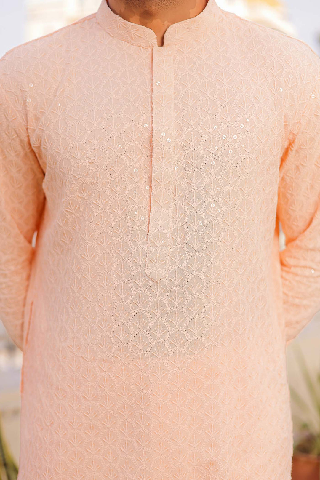 Peach Sequin Embellished Chikankari Kurta Suit.