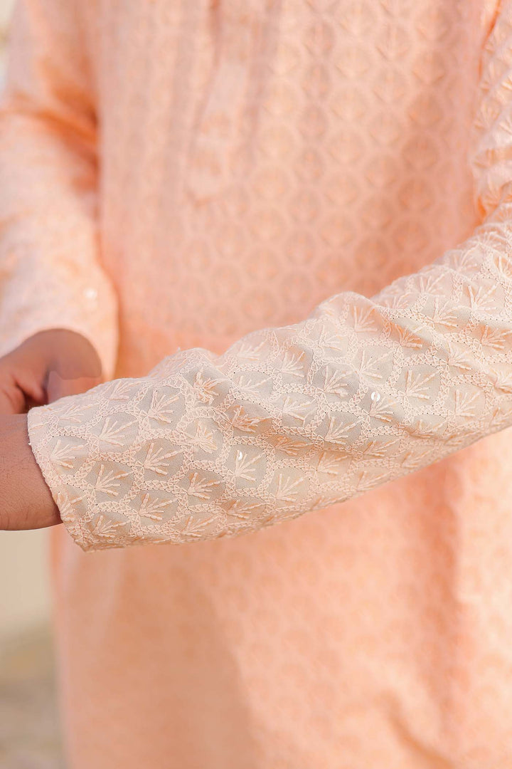 Peach Sequin Embellished Chikankari Kurta Suit.