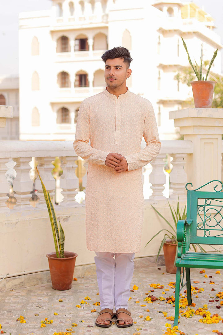 Peach Sequin Embellished Chikankari Kurta Suit.