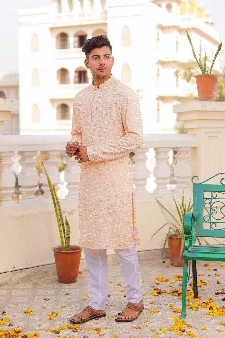 Peach Sequin Embellished Chikankari Kurta Suit.