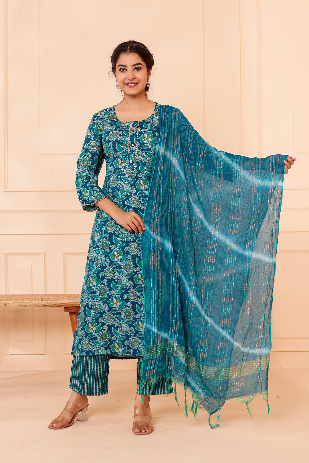 Rama Blue Floral Printed Straight Cut Rayon Kurta Set.