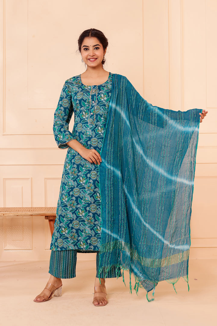 Rama Blue Floral Printed Straight Cut Rayon Kurta Set.