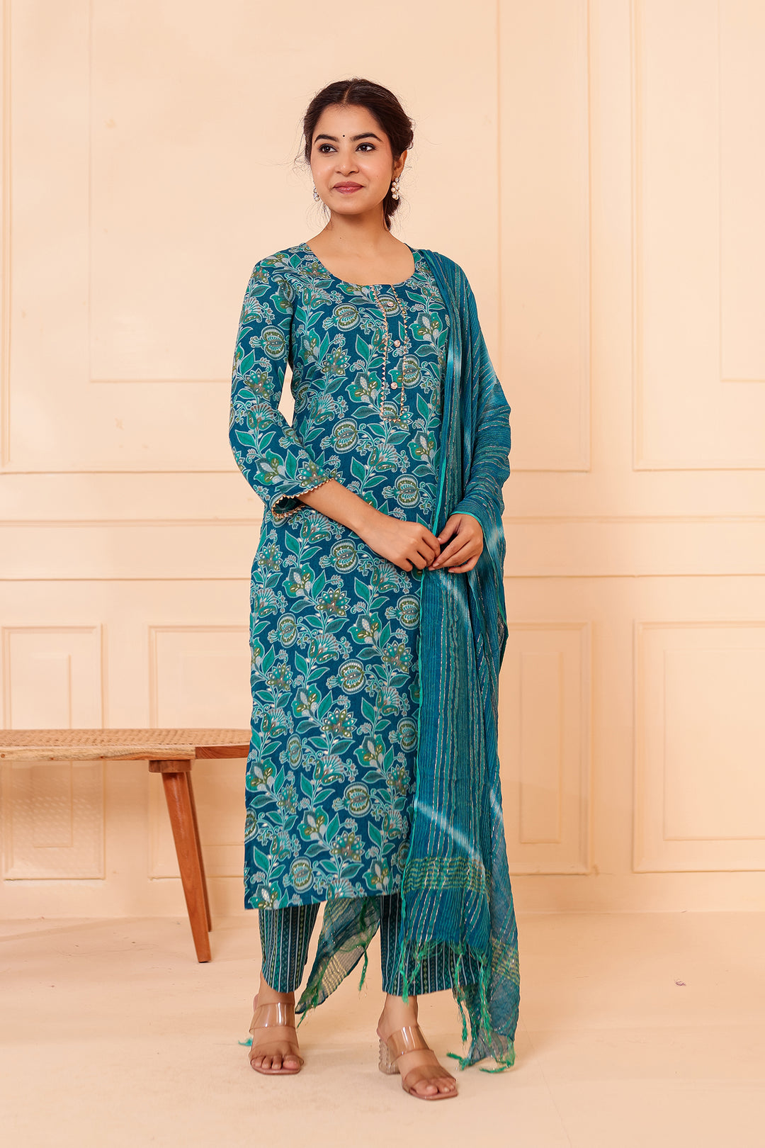 Rama Blue Floral Printed Straight Cut Rayon Kurta Set.