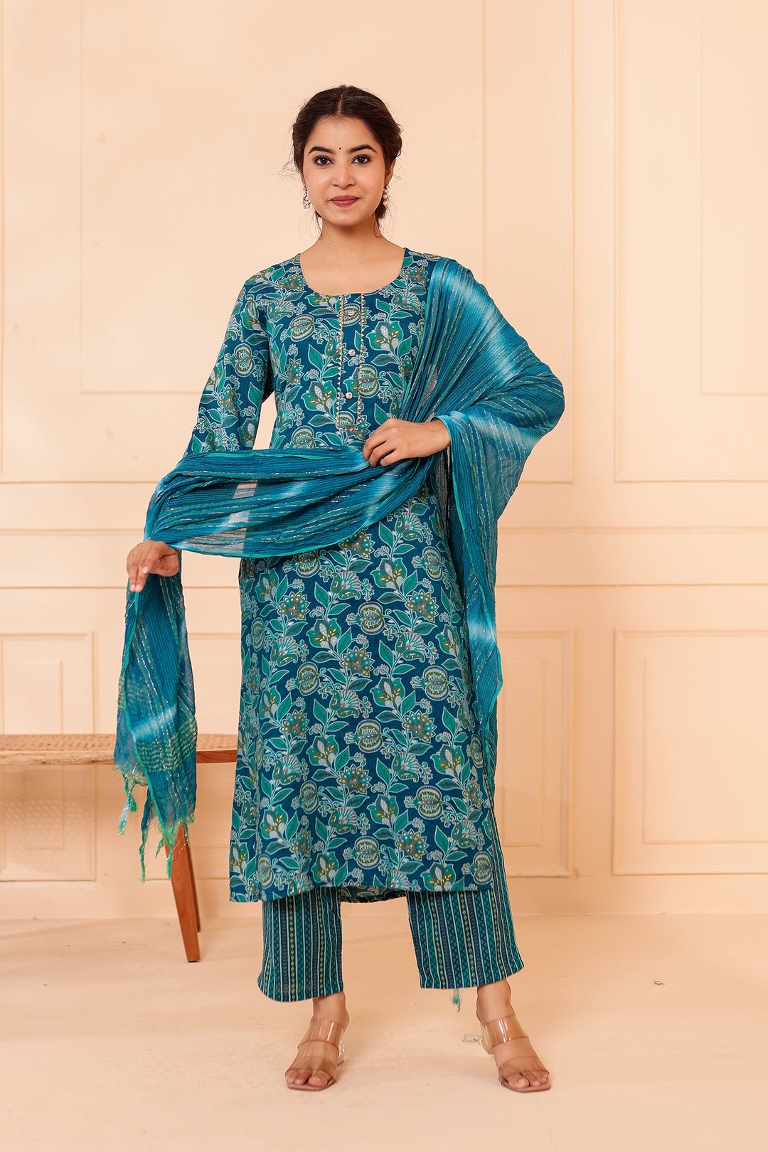 Rama Blue Floral Printed Straight Cut Rayon Kurta Set.