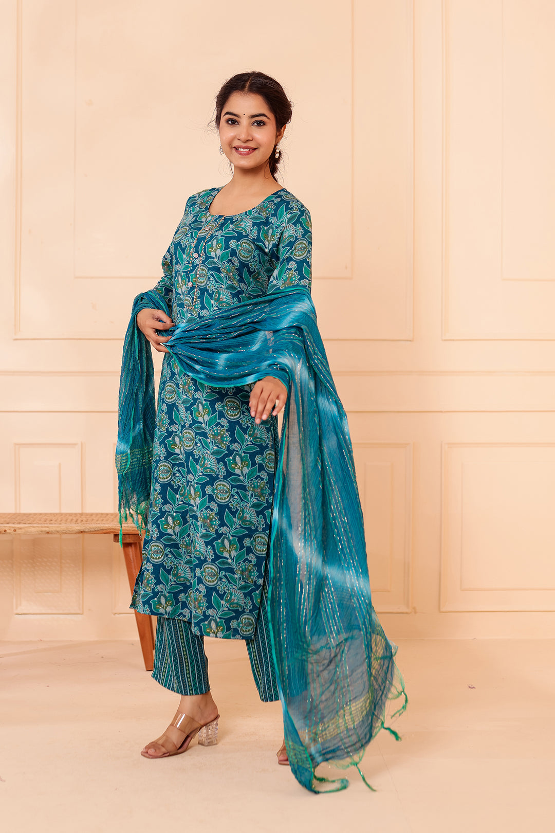 Rama Blue Floral Printed Straight Cut Rayon Kurta Set.
