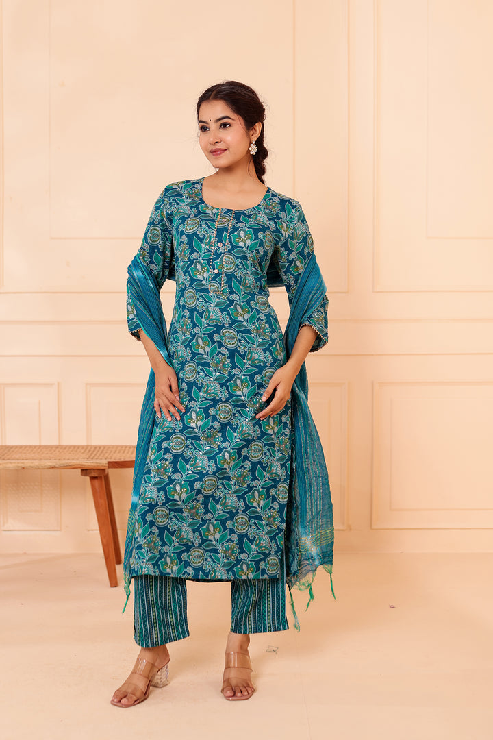 Rama Blue Floral Printed Straight Cut Rayon Kurta Set.