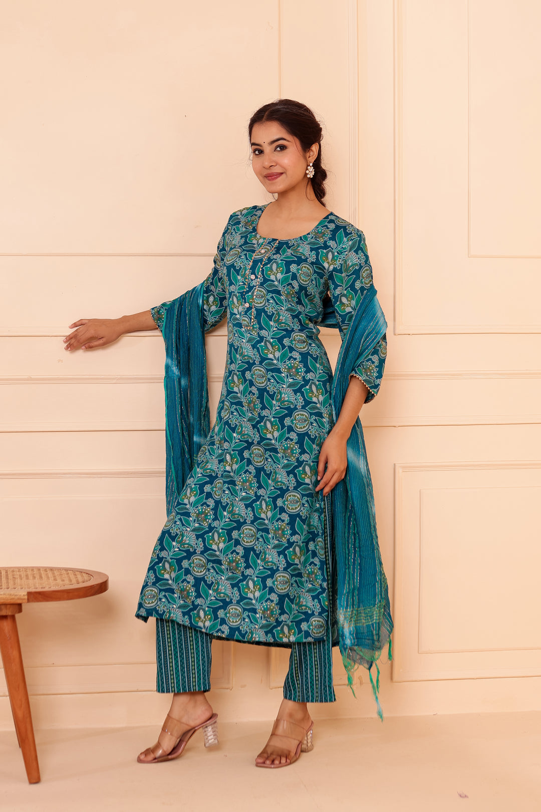 Rama Blue Floral Printed Straight Cut Rayon Kurta Set.