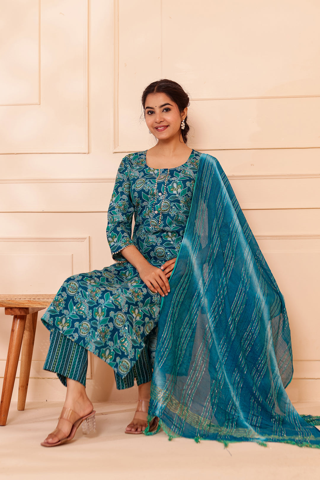 Rama Blue Floral Printed Straight Cut Rayon Kurta Set.