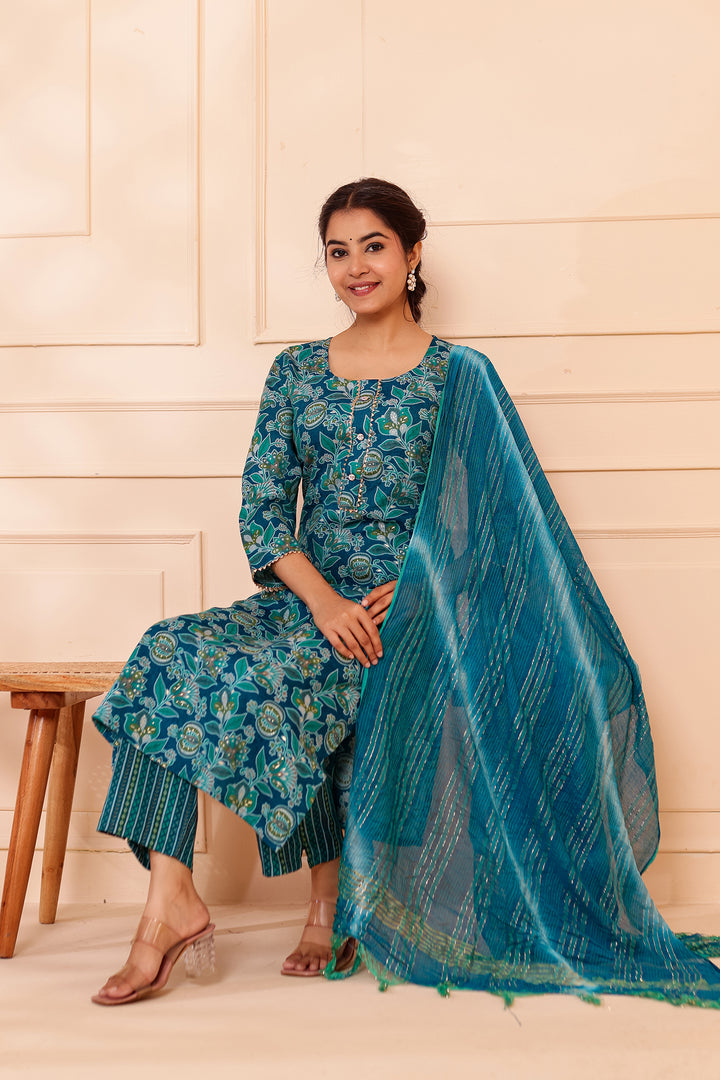 Rama Blue Floral Printed Straight Cut Rayon Kurta Set.