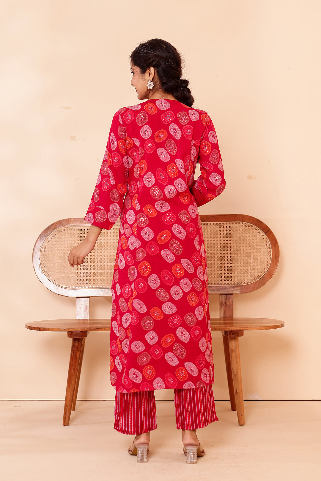 Cherry Red Printed Straight Cut Rayon Kurta Set.