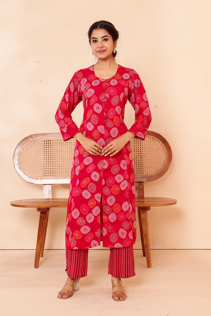 Cherry Red Printed Straight Cut Rayon Kurta Set.