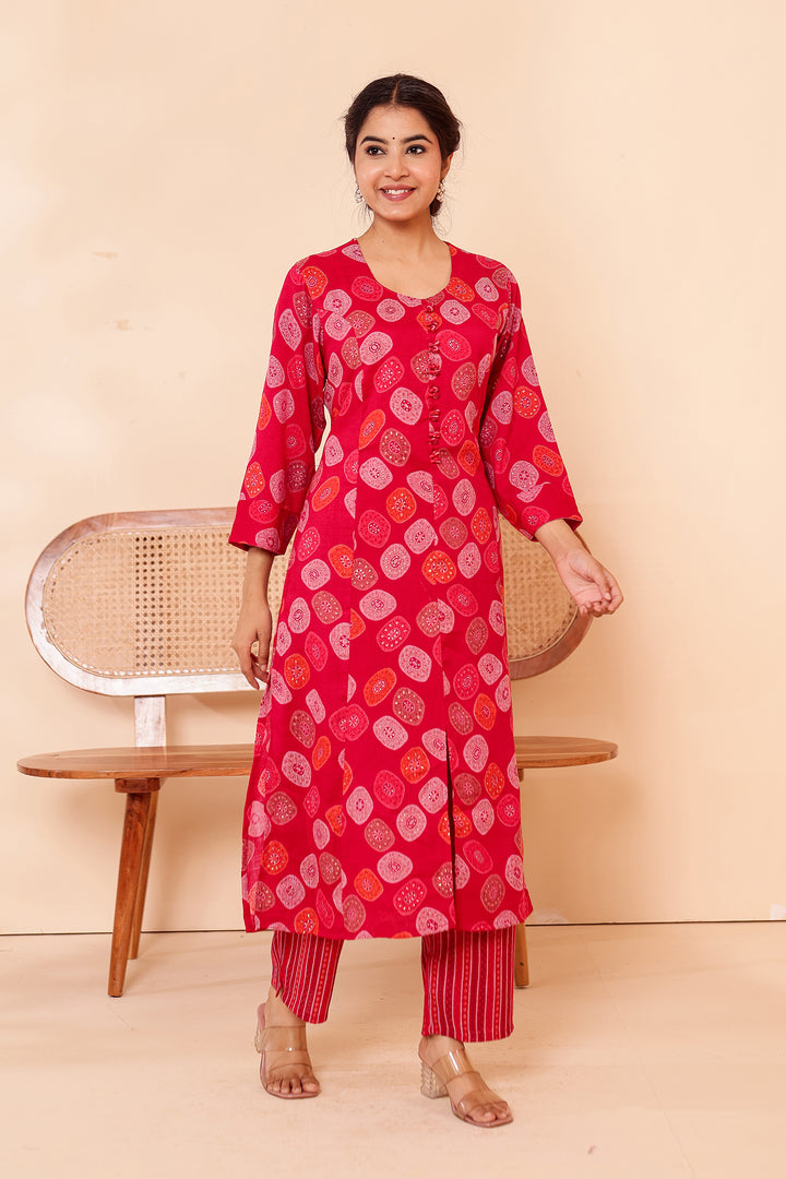 Cherry Red Printed Straight Cut Rayon Kurta Set.