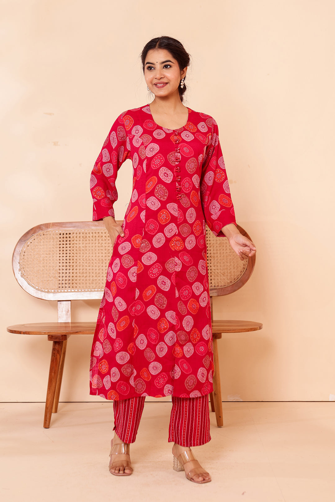 Cherry Red Printed Straight Cut Rayon Kurta Set.