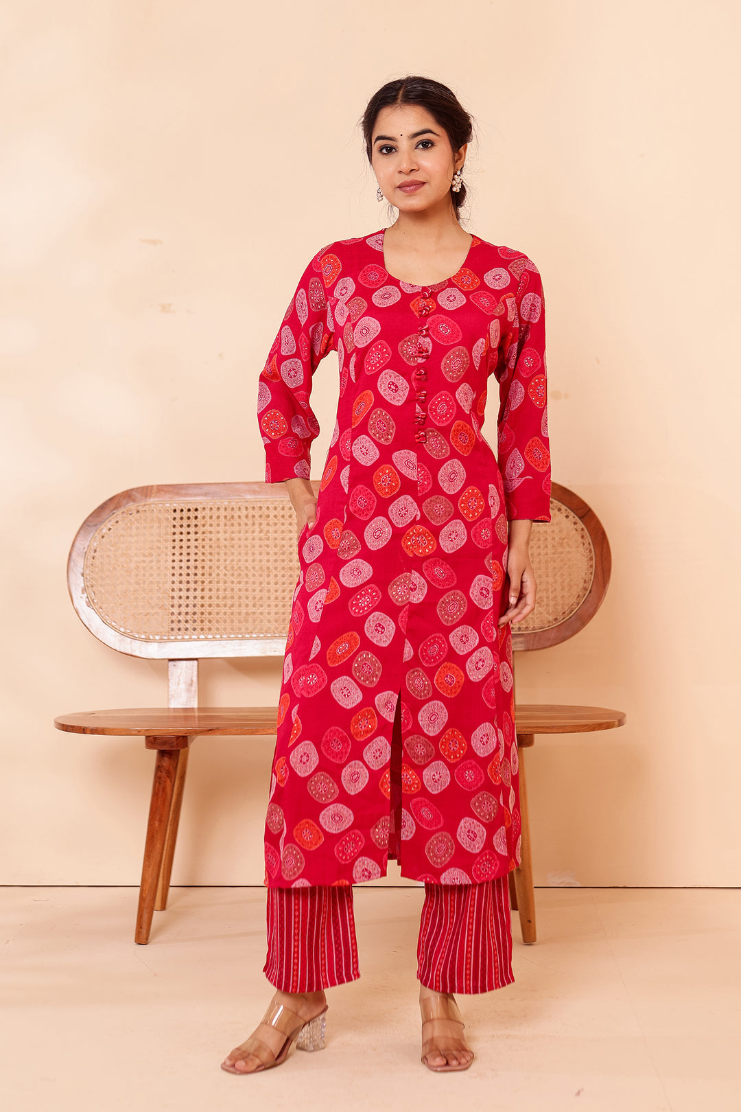 Cherry Red Printed Straight Cut Rayon Kurta Set.