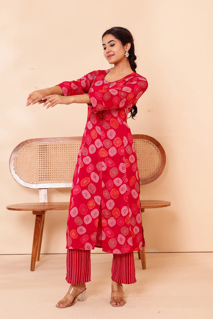 Cherry Red Printed Straight Cut Rayon Kurta Set.