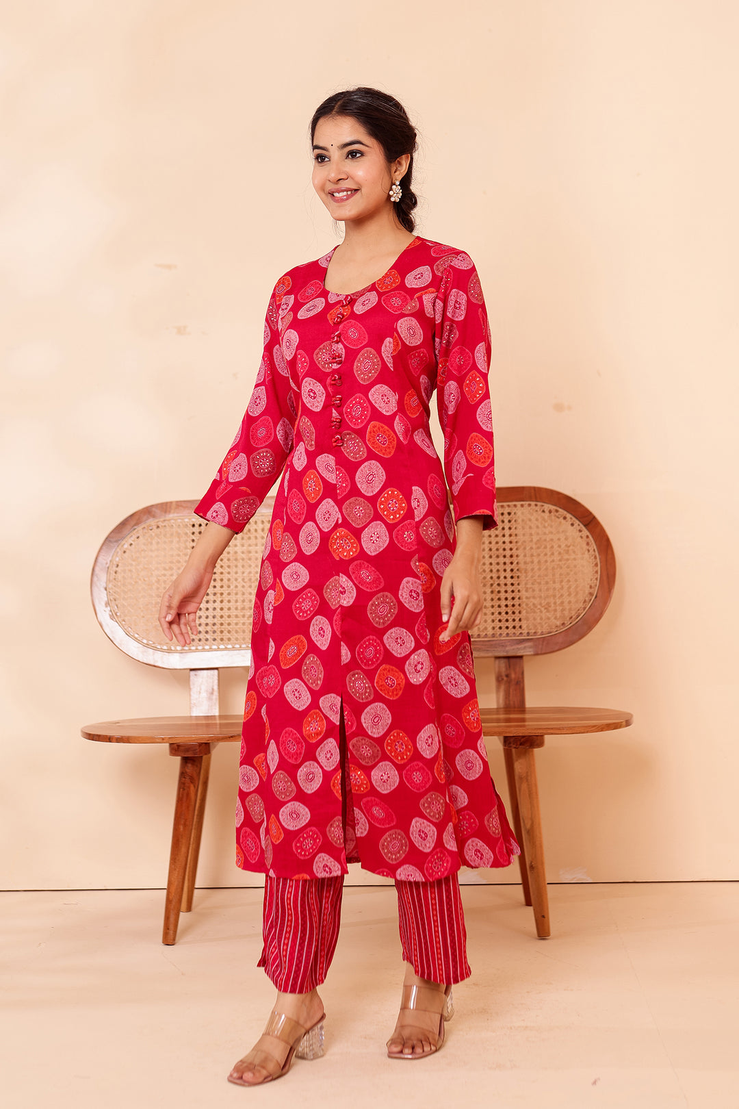 Cherry Red Printed Straight Cut Rayon Kurta Set.
