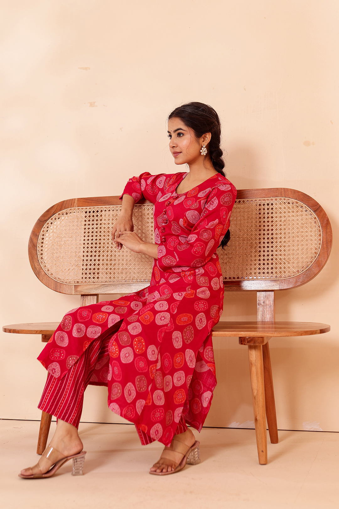 Cherry Red Printed Straight Cut Rayon Kurta Set.