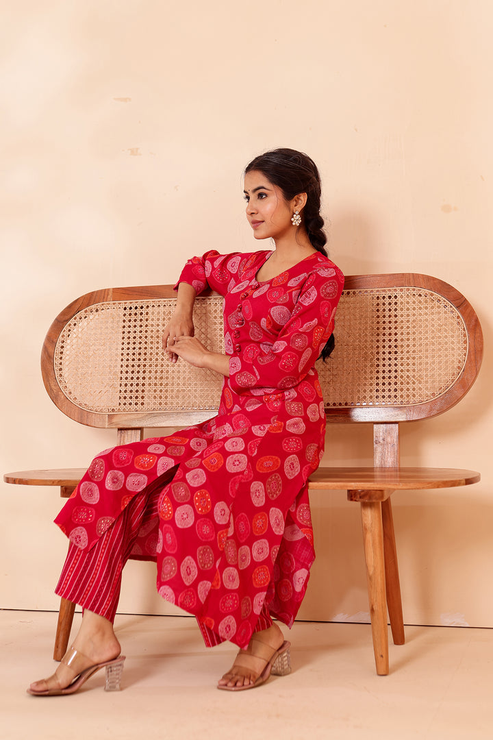 Cherry Red Printed Straight Cut Rayon Kurta Set.