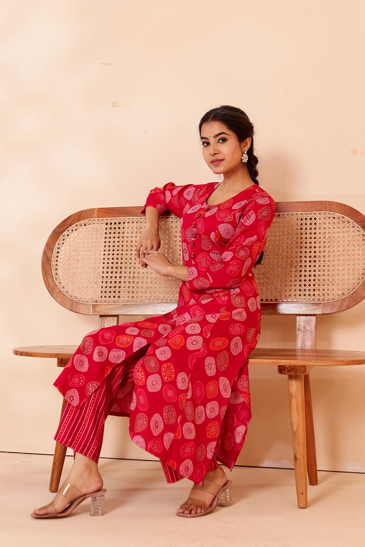 Cherry Red Printed Straight Cut Rayon Kurta Set.
