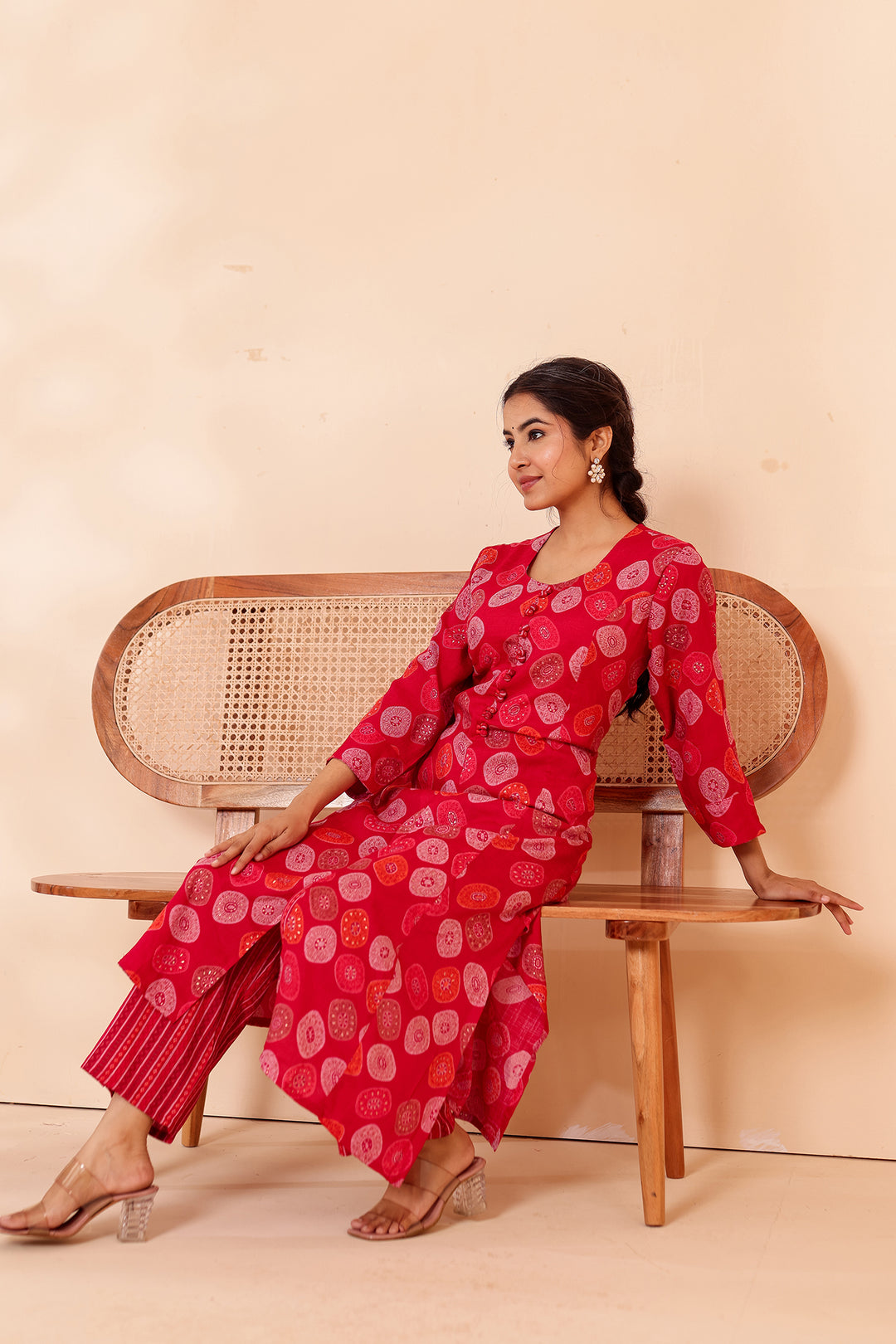 Cherry Red Printed Straight Cut Rayon Kurta Set.