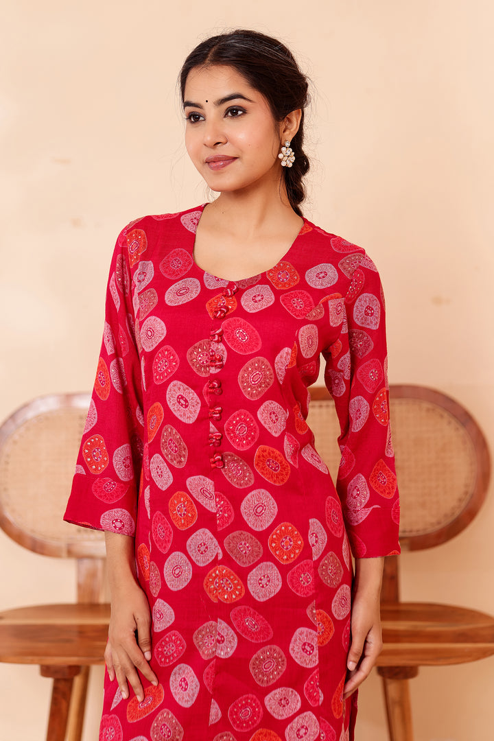 Cherry Red Printed Straight Cut Rayon Kurta Set.