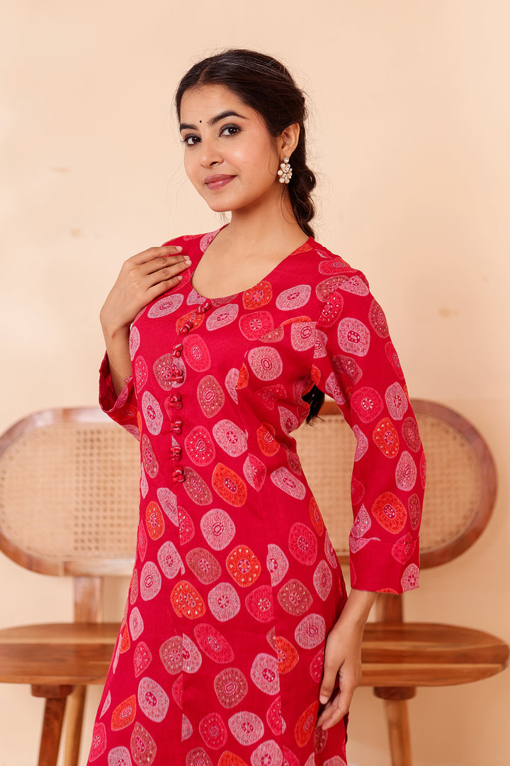 Cherry Red Printed Straight Cut Rayon Kurta Set.