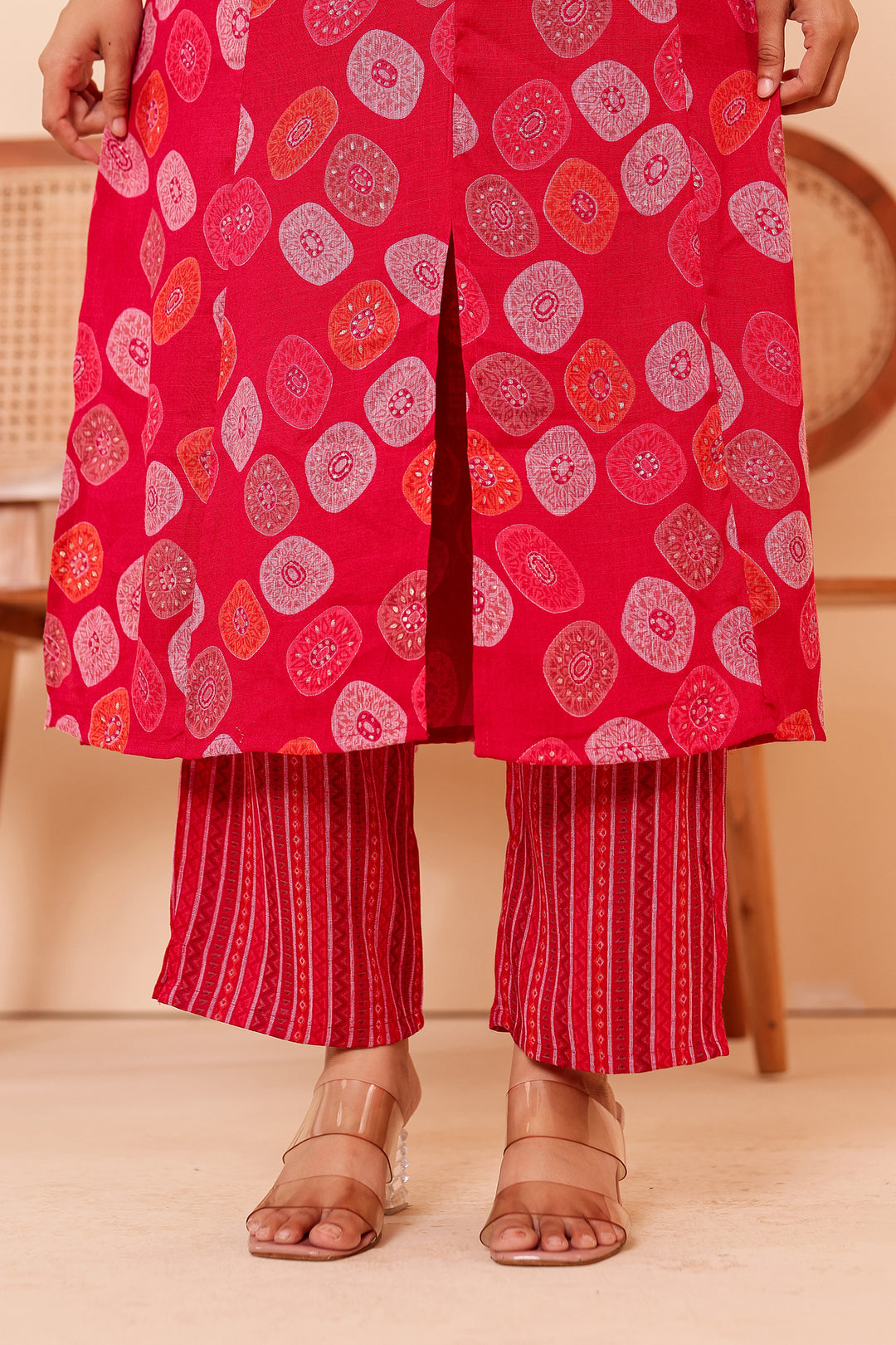 Cherry Red Printed Straight Cut Rayon Kurta Set.