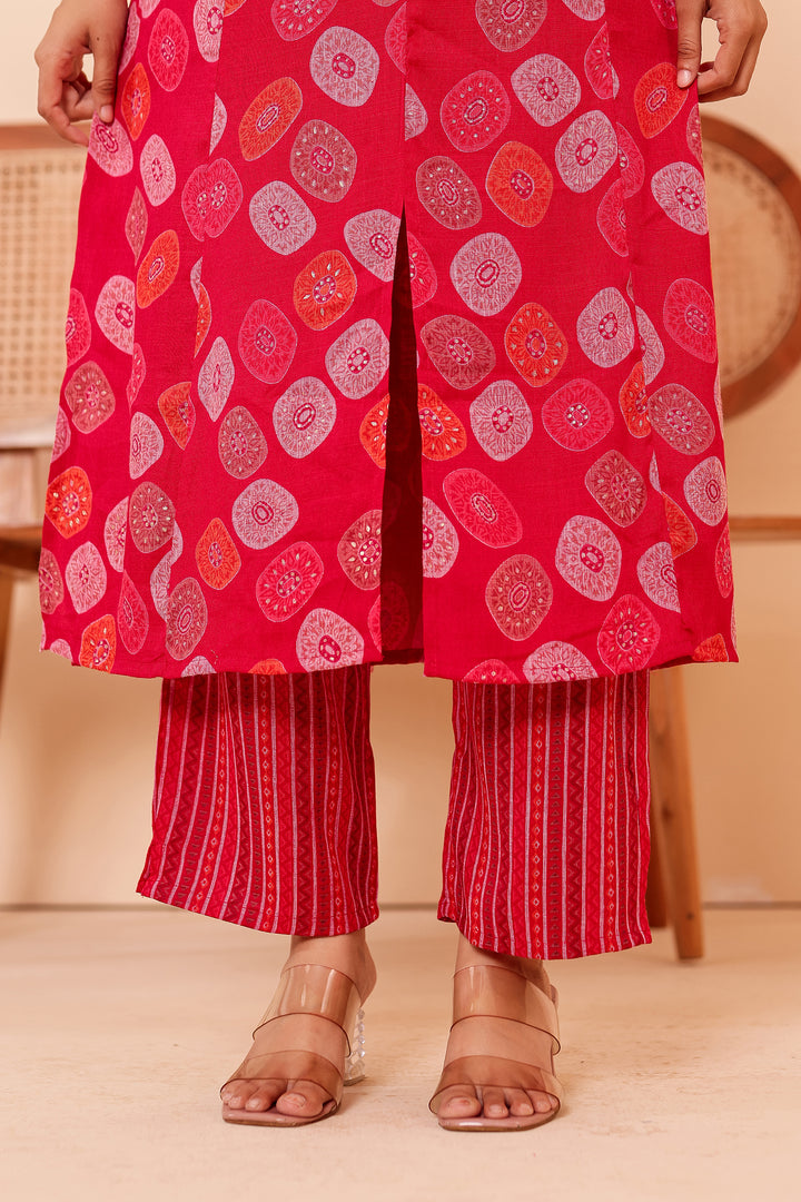 Cherry Red Printed Straight Cut Rayon Kurta Set.