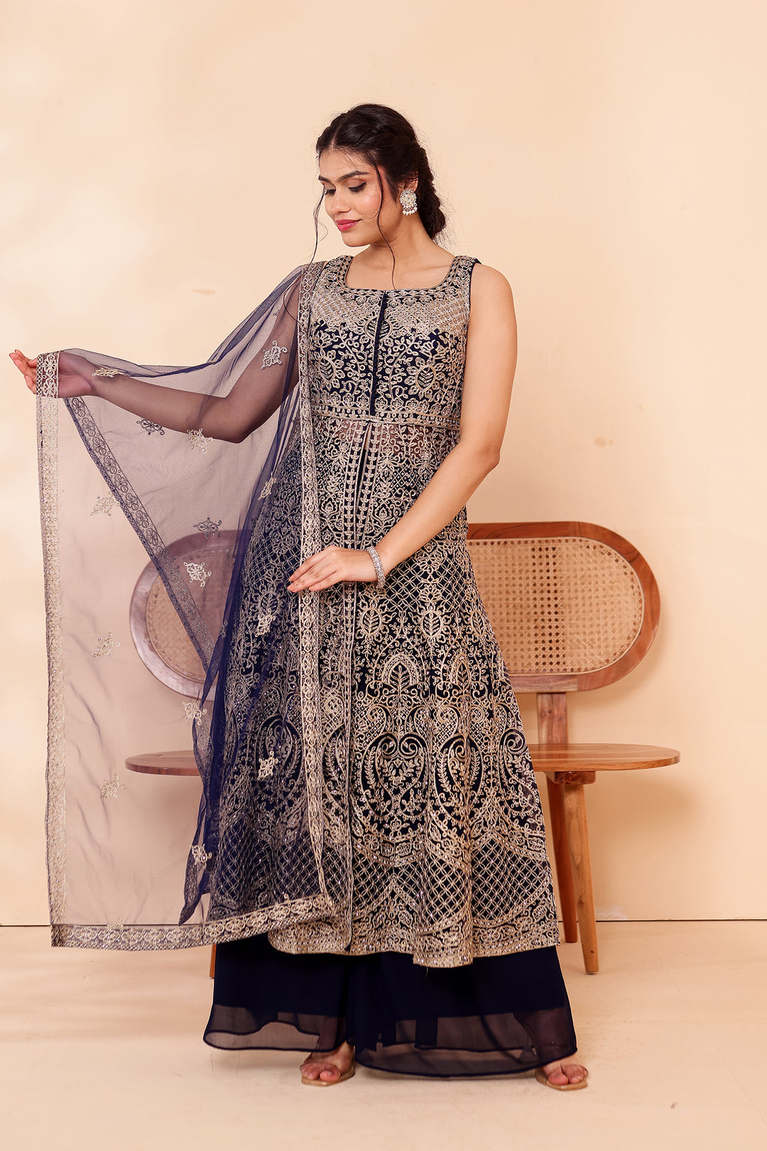Navy Blue Net Long Top Palazzo Suit.