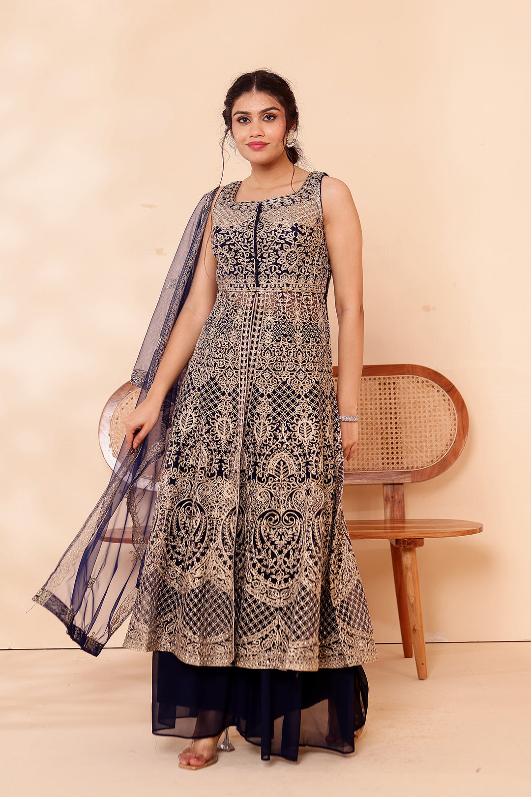 Navy Blue Net Long Top Palazzo Suit.