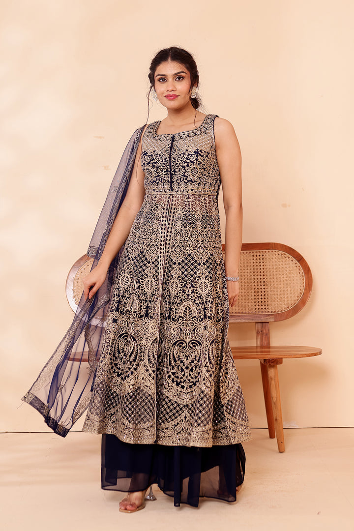 Navy Blue Net Long Top Palazzo Suit.