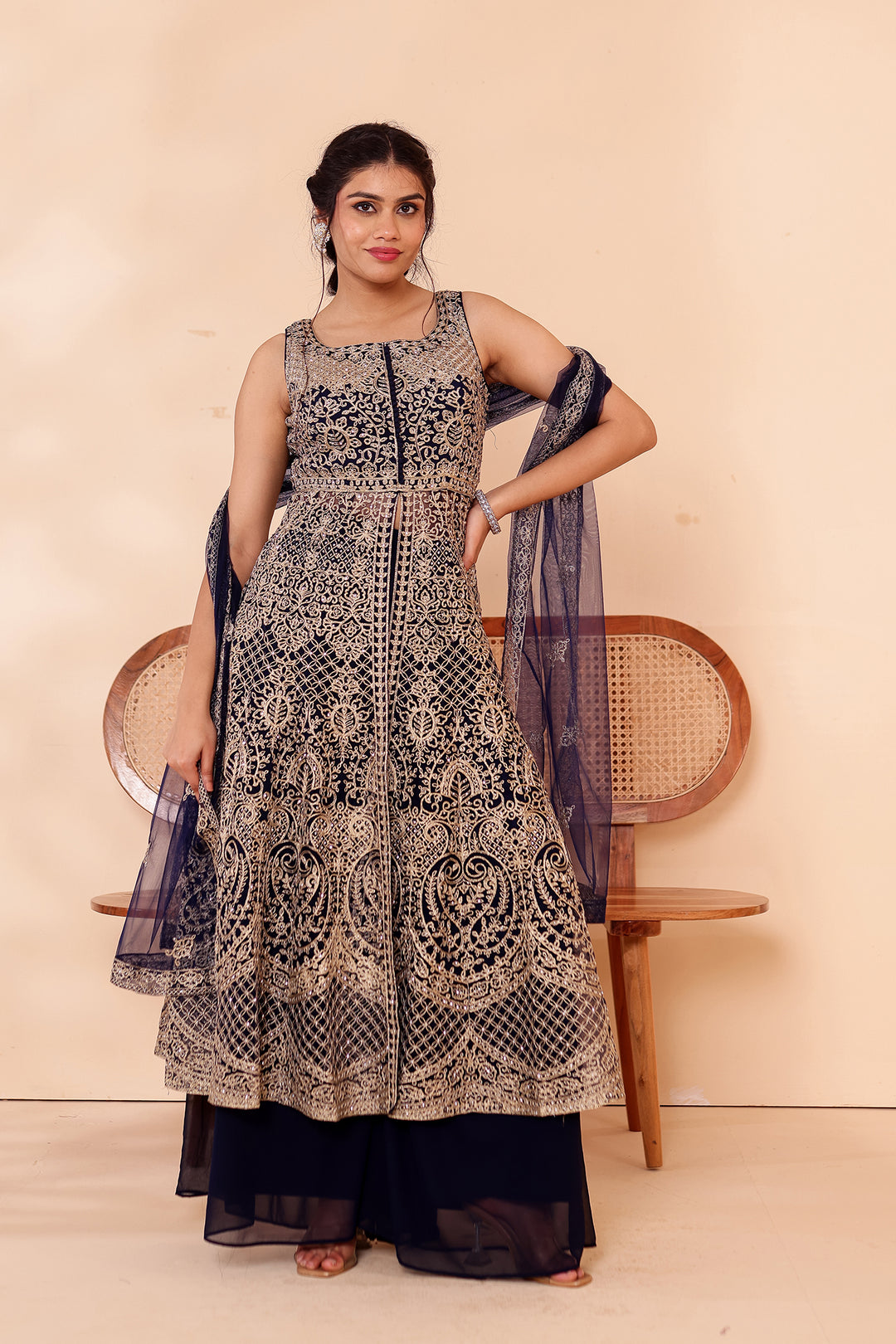 Navy Blue Net Long Top Palazzo Suit.