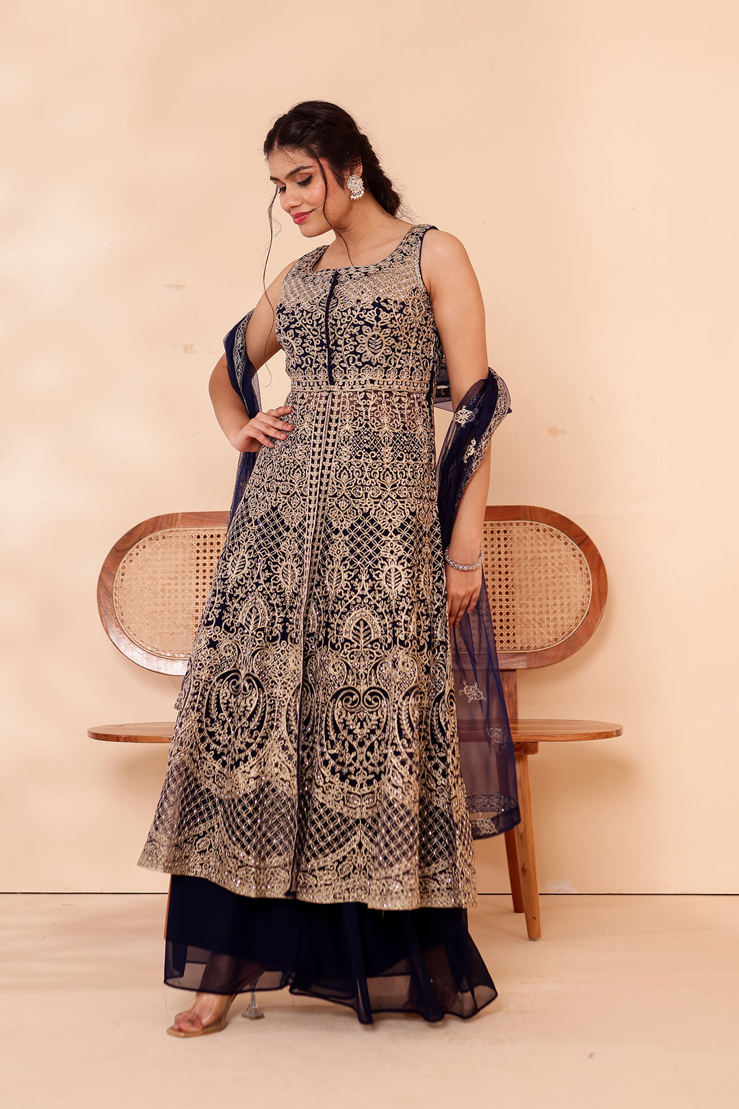 Navy Blue Net Long Top Palazzo Suit.