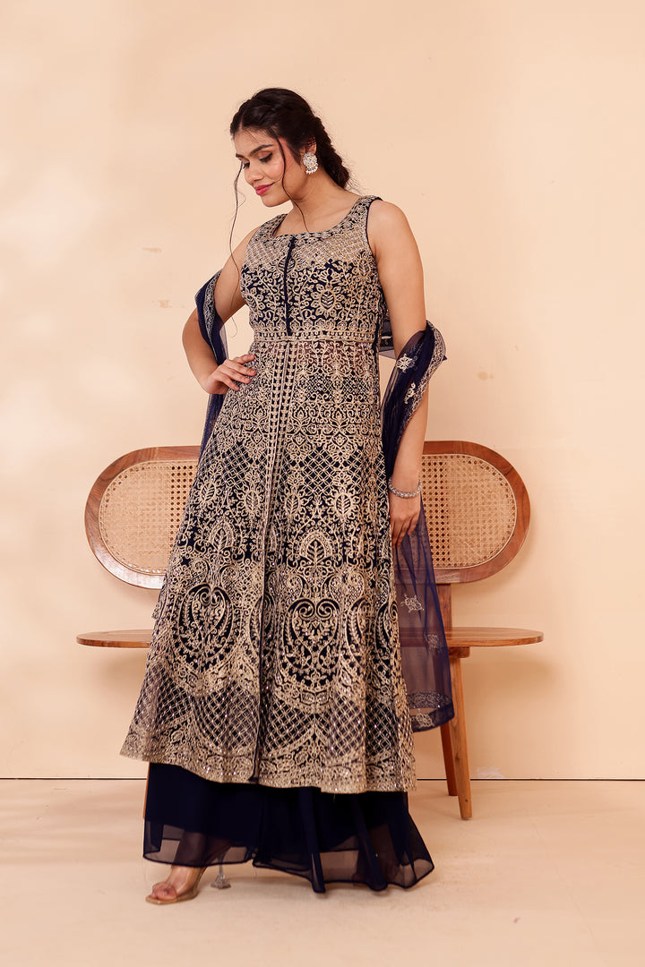 Navy Blue Net Long Top Palazzo Suit.