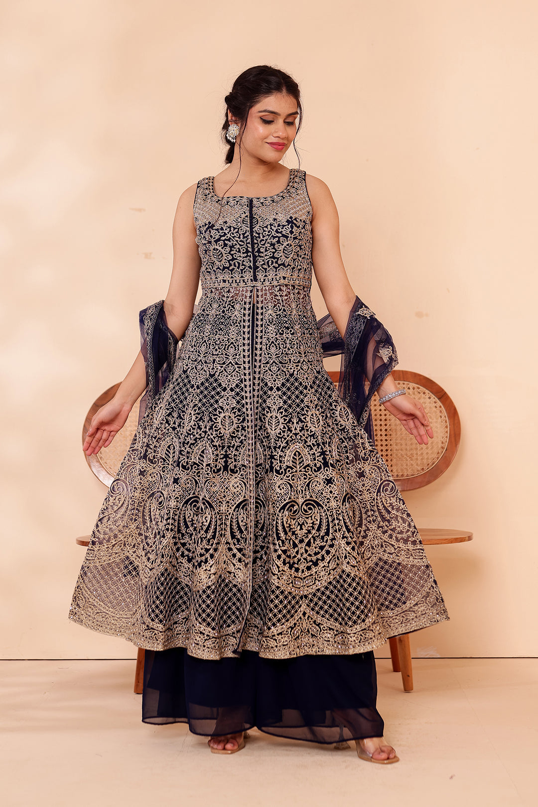 Navy Blue Net Long Top Palazzo Suit.