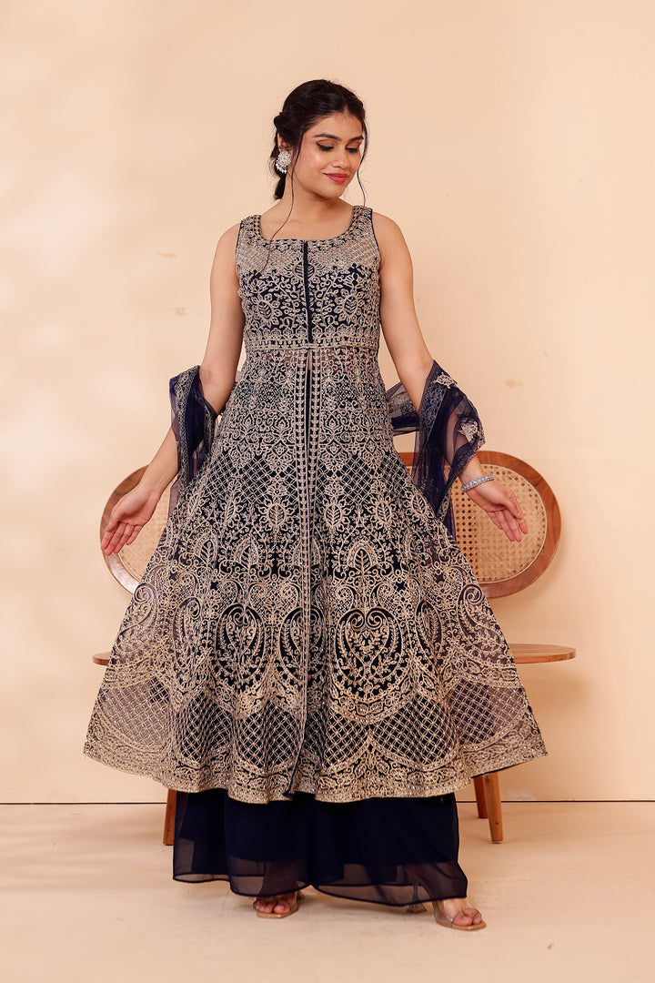 Navy Blue Net Long Top Palazzo Suit.