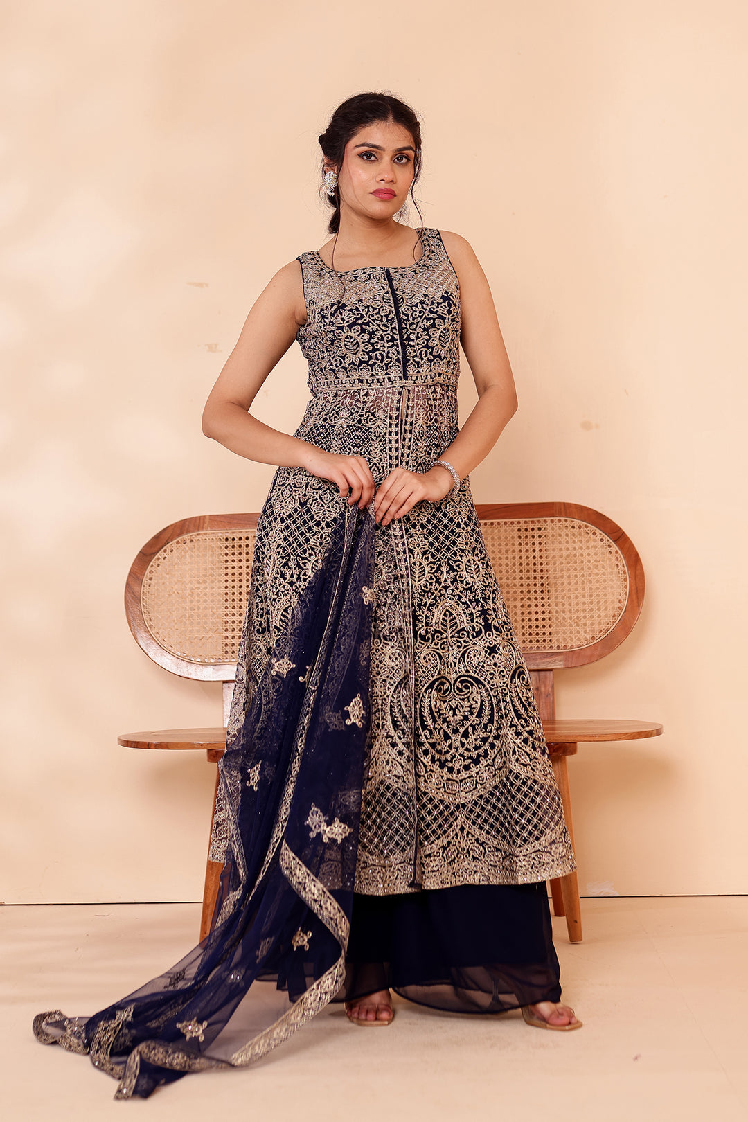 Navy Blue Net Long Top Palazzo Suit.