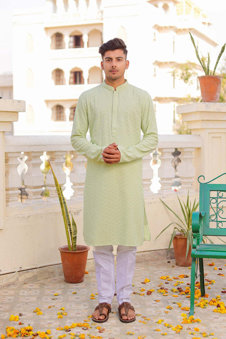 Pista Sequin Embellished Chikankari Kurta Suit.