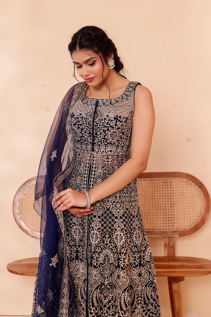 Navy Blue Net Long Top Palazzo Suit.