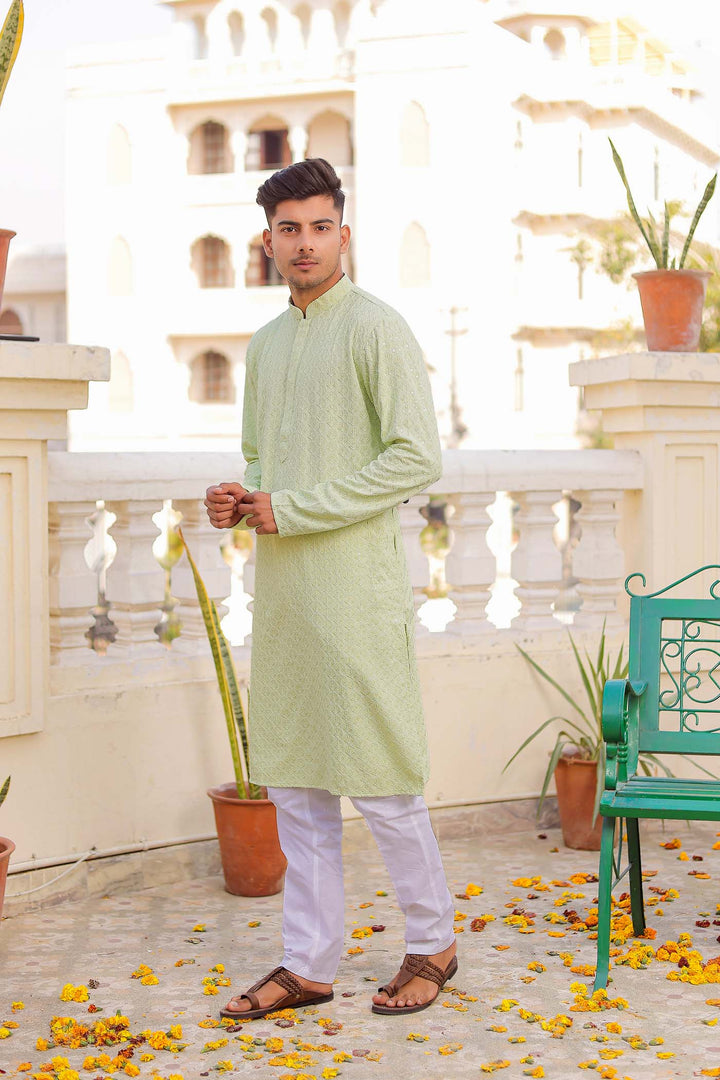 Pista Sequin Embellished Chikankari Kurta Suit.