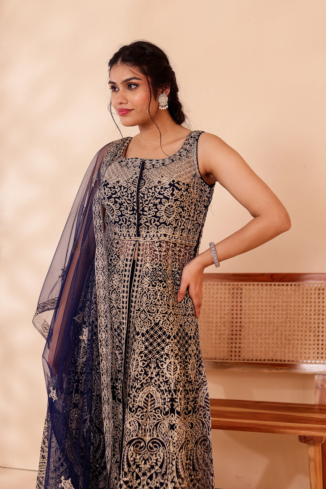 Navy Blue Net Long Top Palazzo Suit.