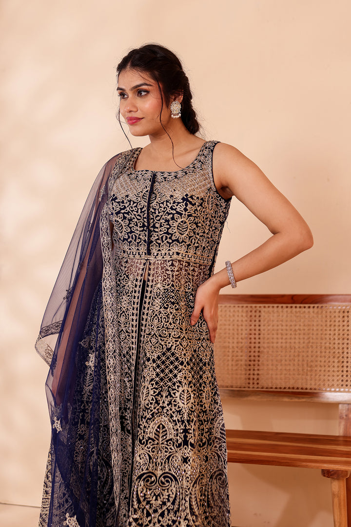 Navy Blue Net Long Top Palazzo Suit.