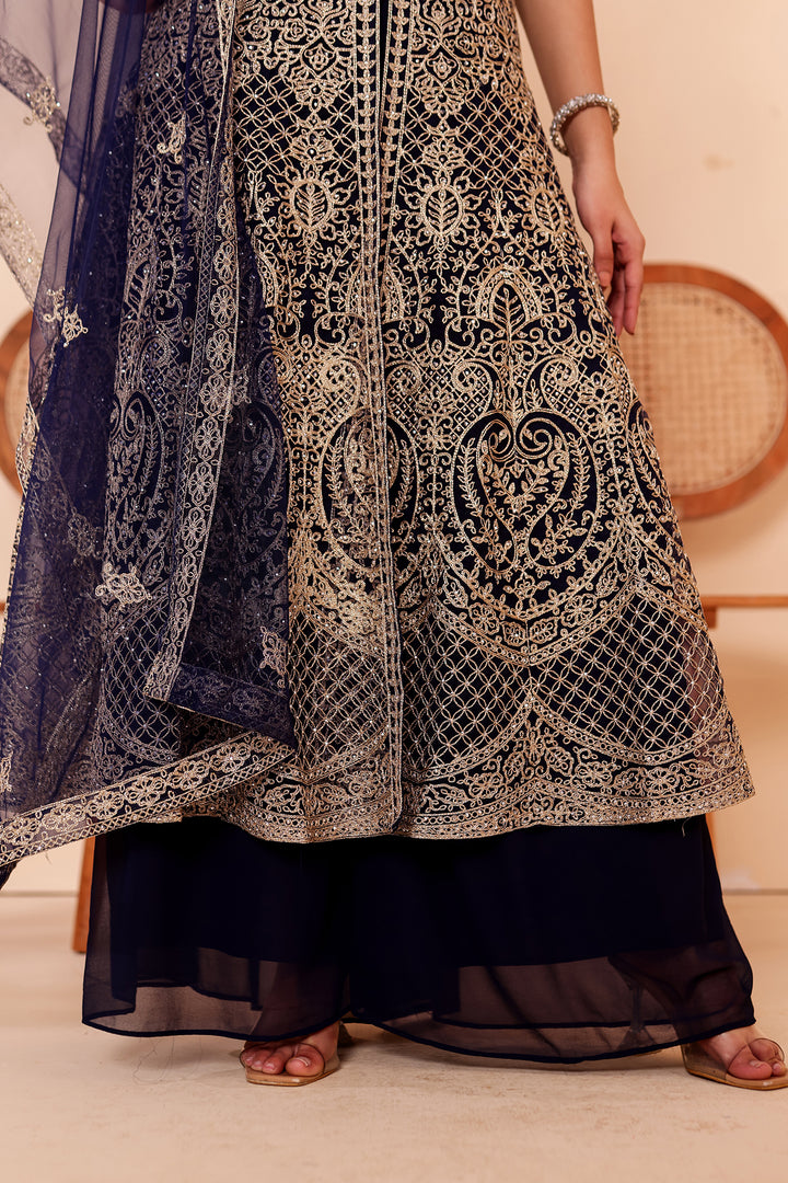 Navy Blue Net Long Top Palazzo Suit.