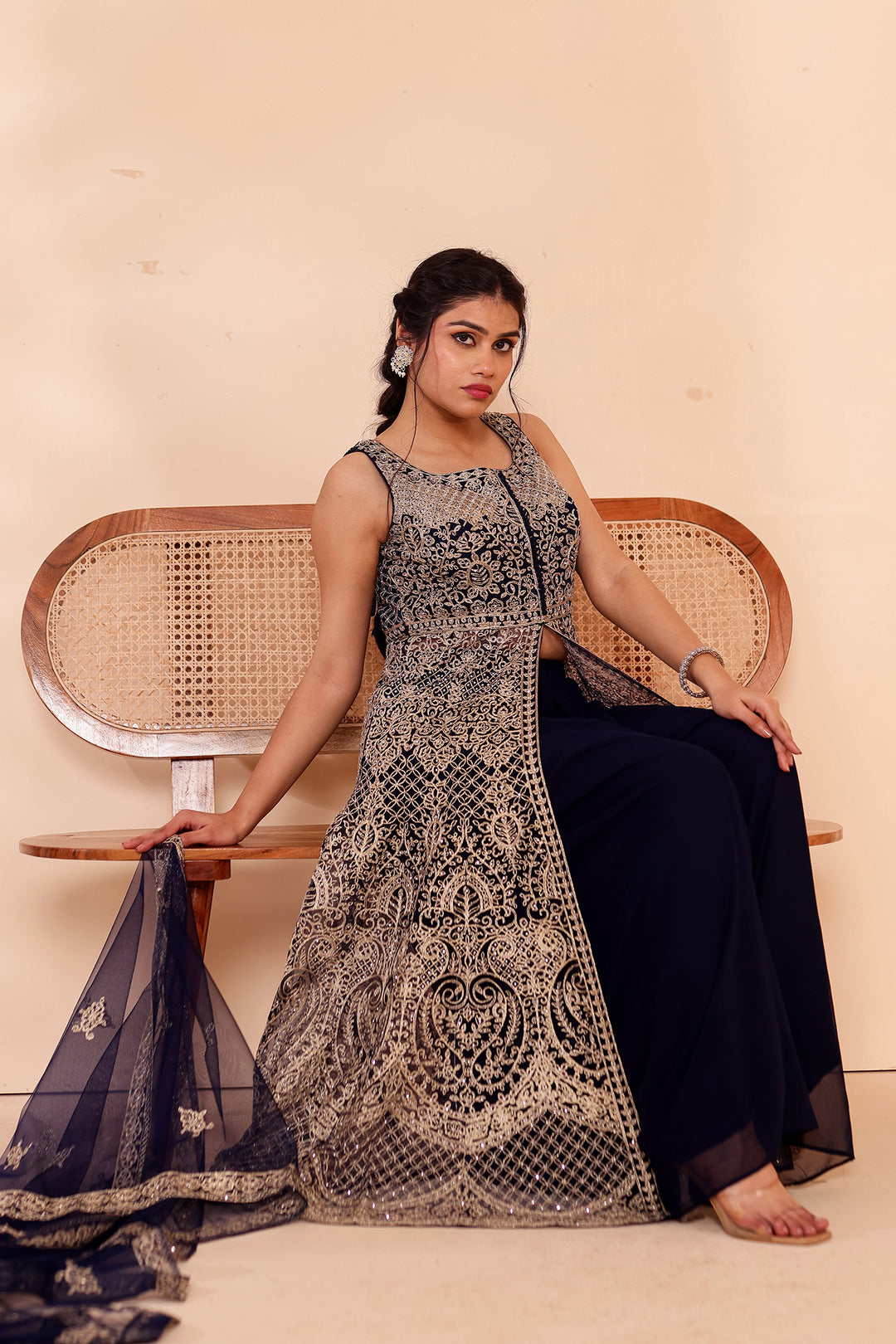 Navy Blue Net Long Top Palazzo Suit.