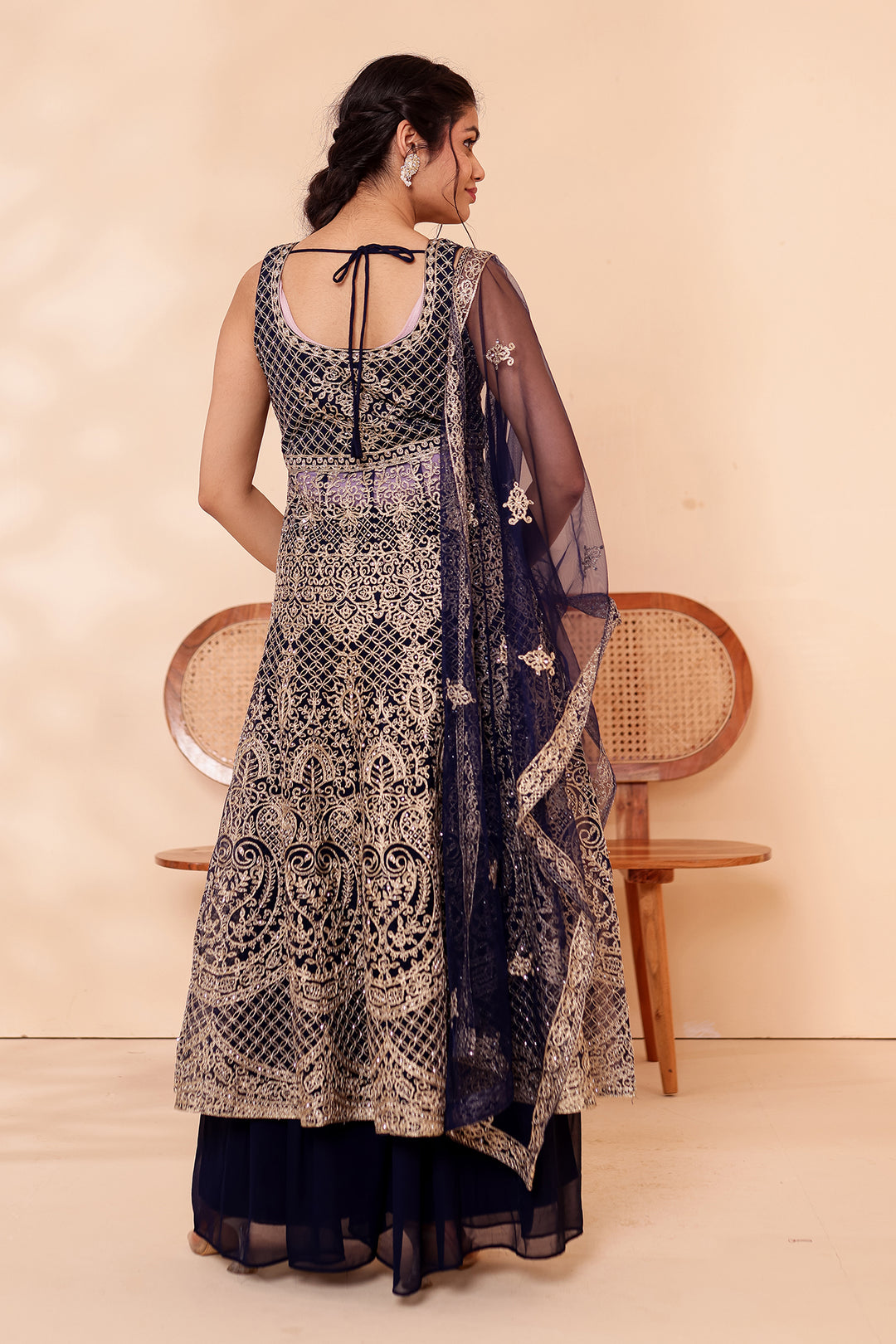 Navy Blue Net Long Top Palazzo Suit.