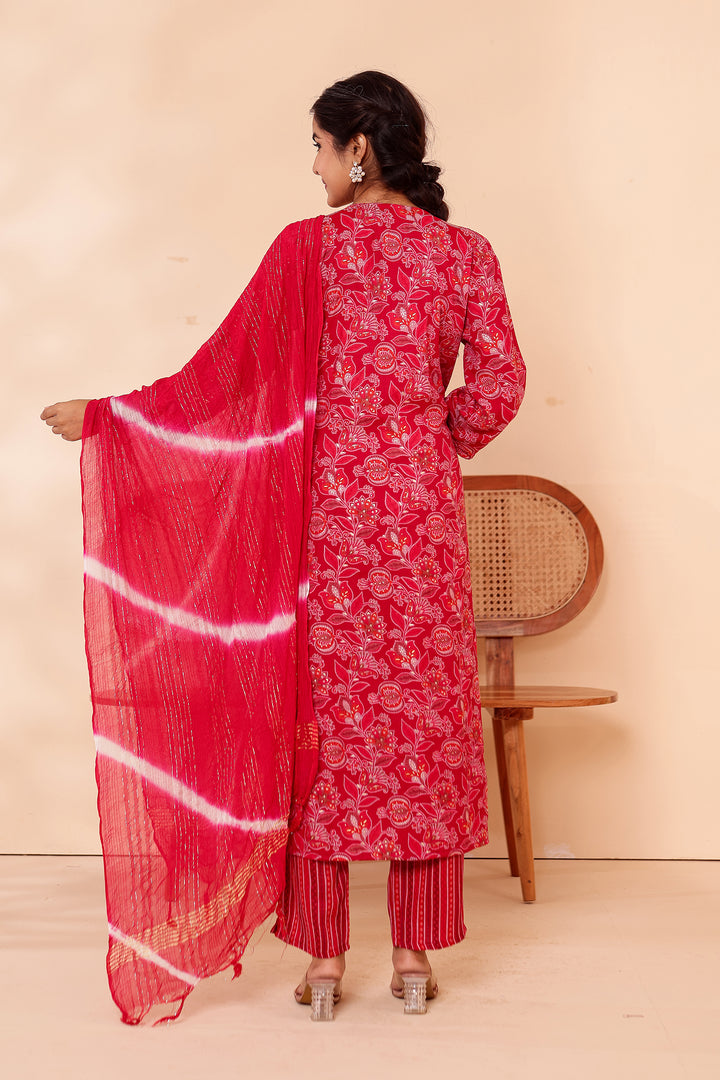 Cherry Red Floral Printed Straight Cut Rayon Kurta Set.