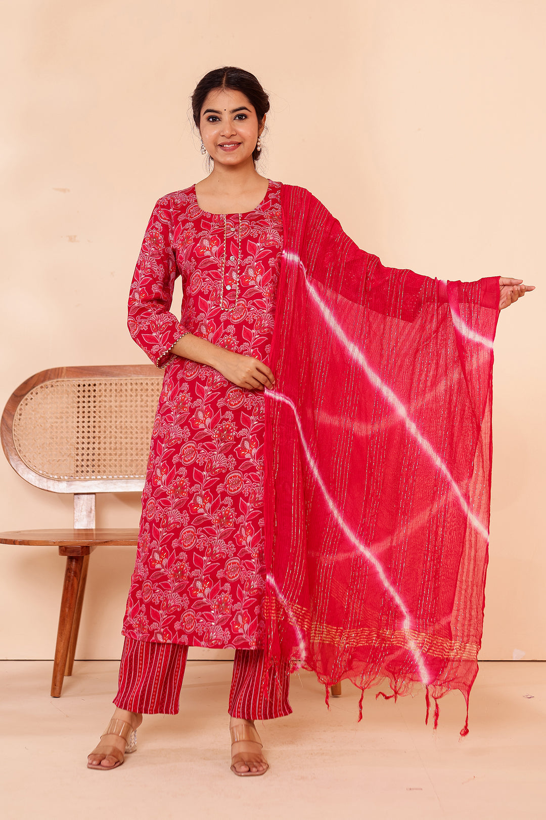 Cherry Red Floral Printed Straight Cut Rayon Kurta Set.