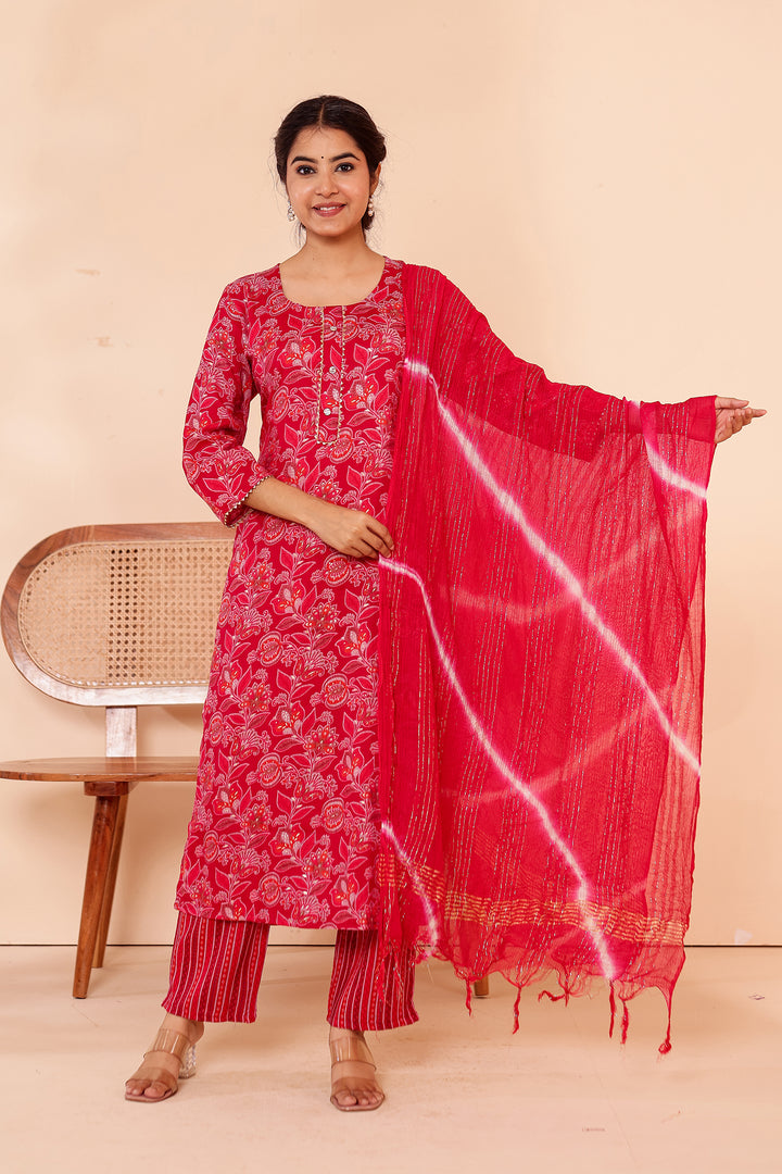 Cherry Red Floral Printed Straight Cut Rayon Kurta Set.