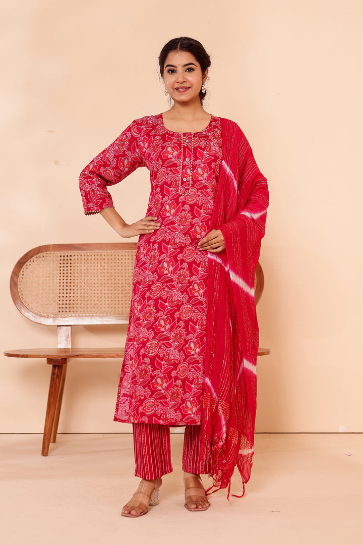 Cherry Red Floral Printed Straight Cut Rayon Kurta Set.